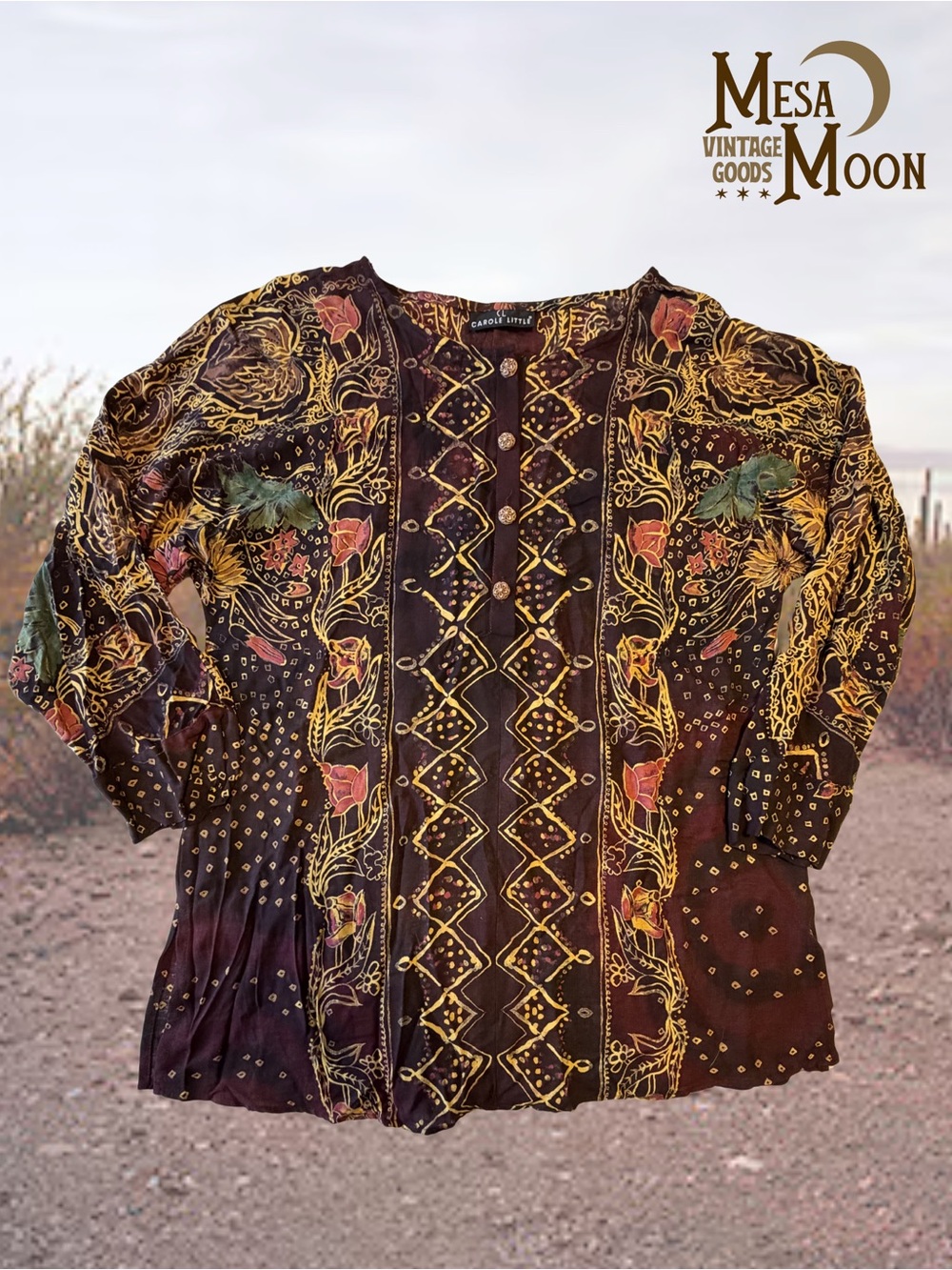 Vintage Boho Women's Brown Floral Button Front Top